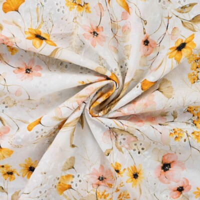 100% bomuld med broderi og forårsblomster - gul