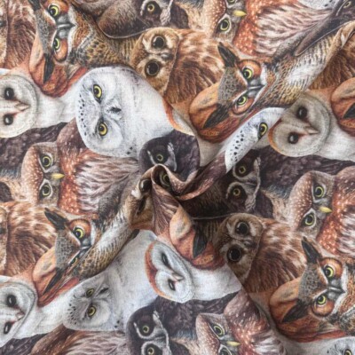 Cotton canvas with owl print, half panama 220 g/m²
