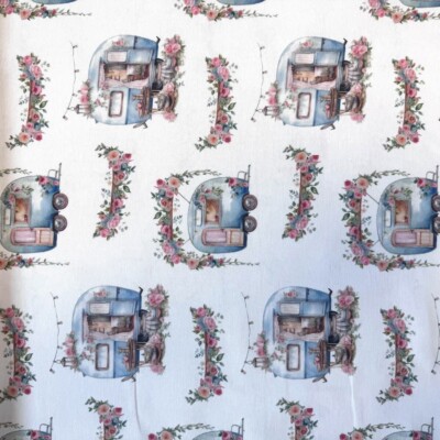 Close-up of camping print on woven canvas