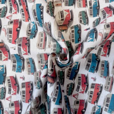 Canvas half panama with VW bus print - upholstery fabric