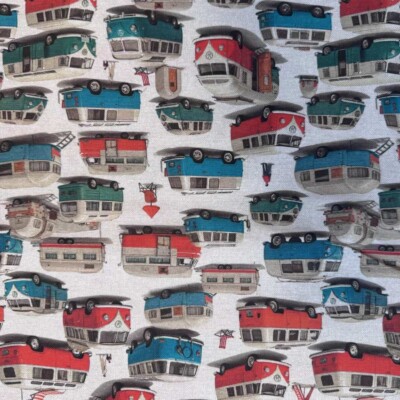 Close-up of VW bus motif on woven canvas