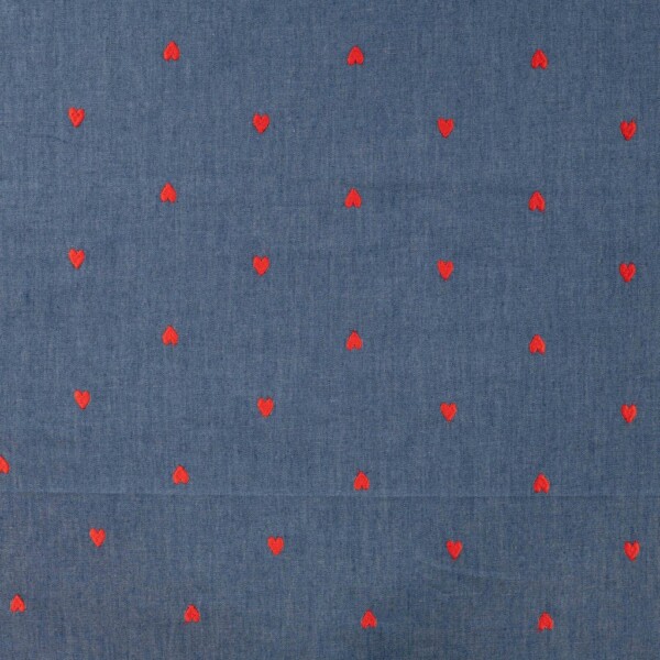 Chambray broderi hjerter denim stof engros 140 g/m²