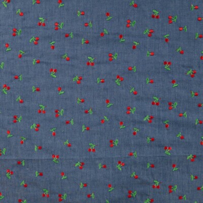 Chambray broderi kirsebær denim i 100% bomuld 140 g/m²