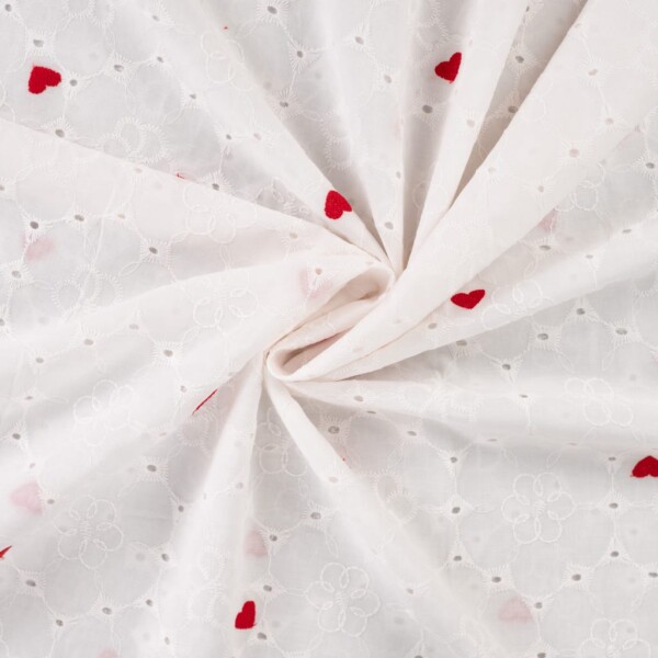 White embroidery cotton with hearts in 130 cm width