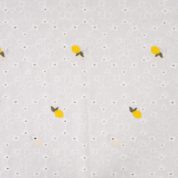 K48129-500_1 Embroidered cotton fabric lemons white in 100% cotton 100 g/m²