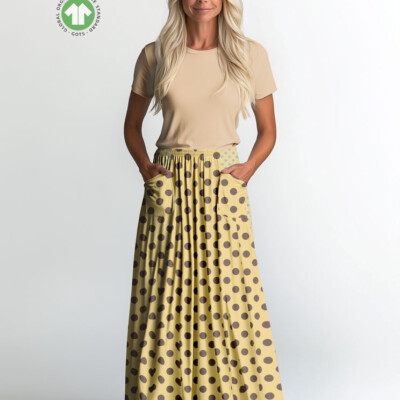 Prikket jersey stof banana gul og pecan 220 g/m²