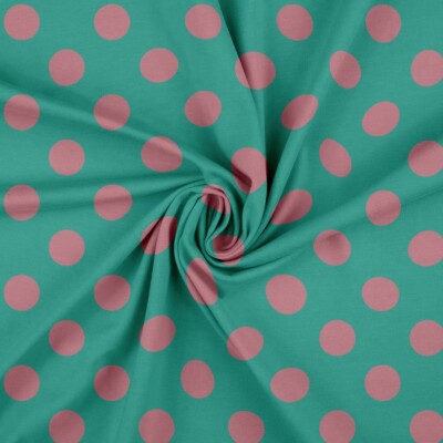 Spring Dots - Teal/Mauve printed jersey fabric with dot pattern