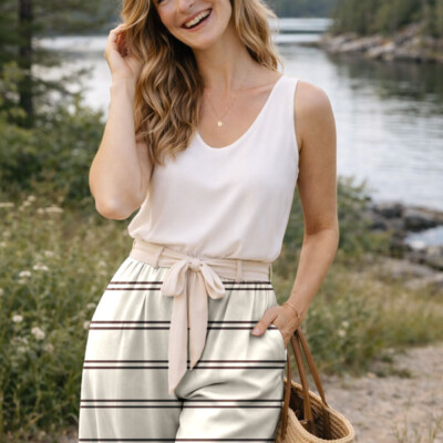 Viscose med horisontale striber - pecan/pink