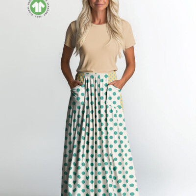 Prikket jersey print offwhite teal 160 cm bredde