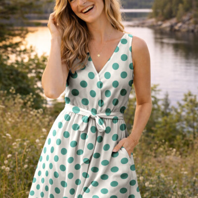 Viscose med trend-prikker - offwhite/teal