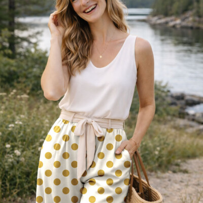 Viscose with trend dots - off-white/amber