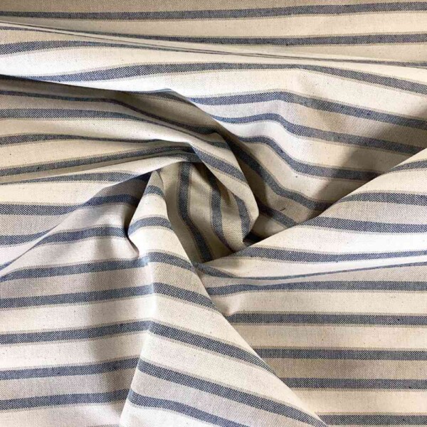 blå-beige1 Half panama canvas upholstery fabric with varied sand and blue stripes, 150 cm wide