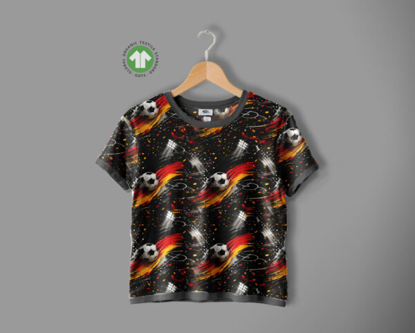 Detalje af jersey stof med print med fodboldmotiver