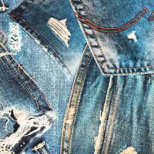 Denim pocket print on woven cotton twill with slight stretch
