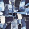 Close-up of cotton twill with denim patchwork print and twill texture
