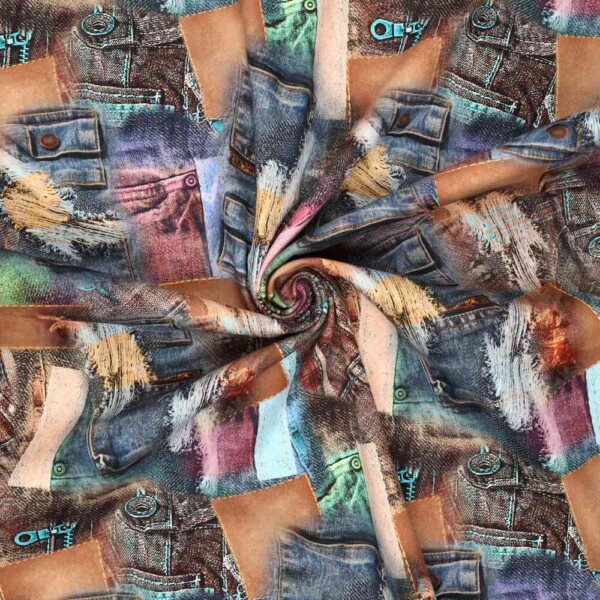 Nærbillede af twillstruktur og multifarvet denim print
