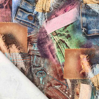 Bomuld twill med multifarvet denim print som metervare