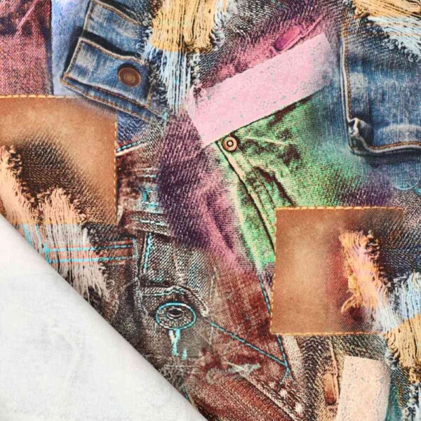 Bomuld twill med multifarvet denim print som metervare