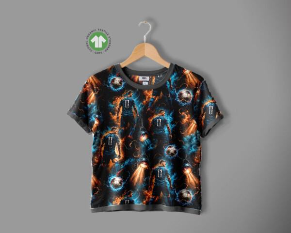 Detalje af jersey stof med print med fodboldmotiv
