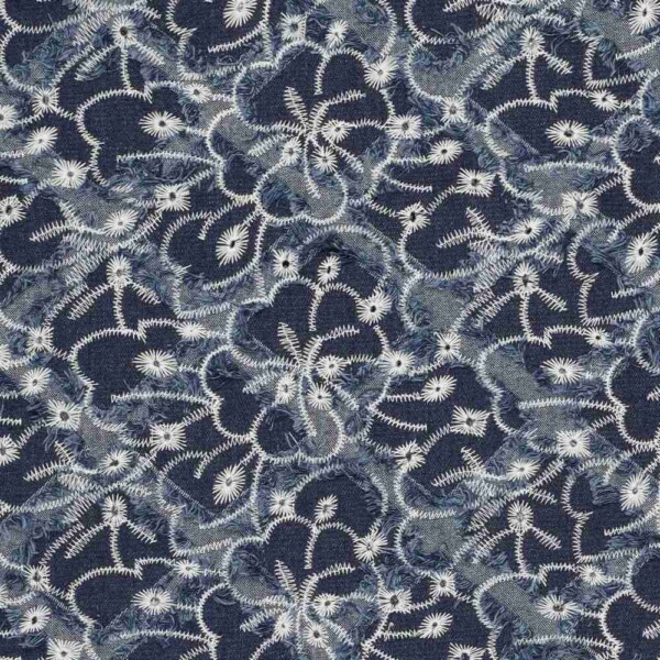 Kirjailtu denim ruudut ja suuret kukat 360 g/m² 140 cm