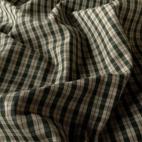 Checked cotton canvas fabric sand and off-white 110 g/m² close-up