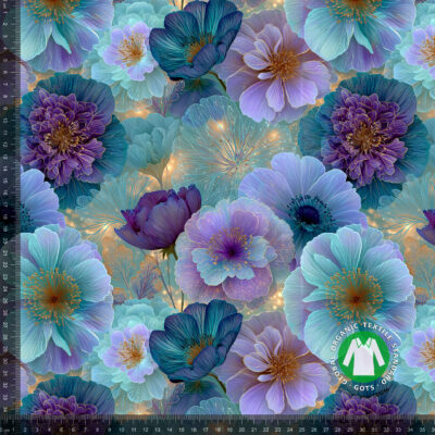 Jersey print med blå og lilla pæoner