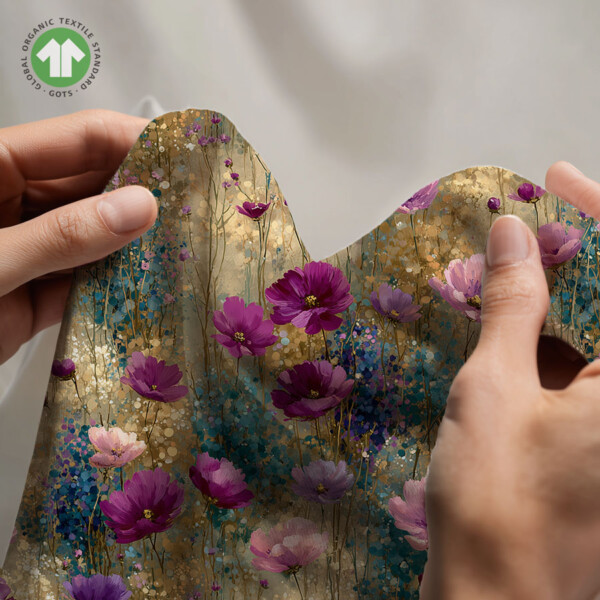 Digital print cotton jersey fabric with meadow flowers in pastel tones