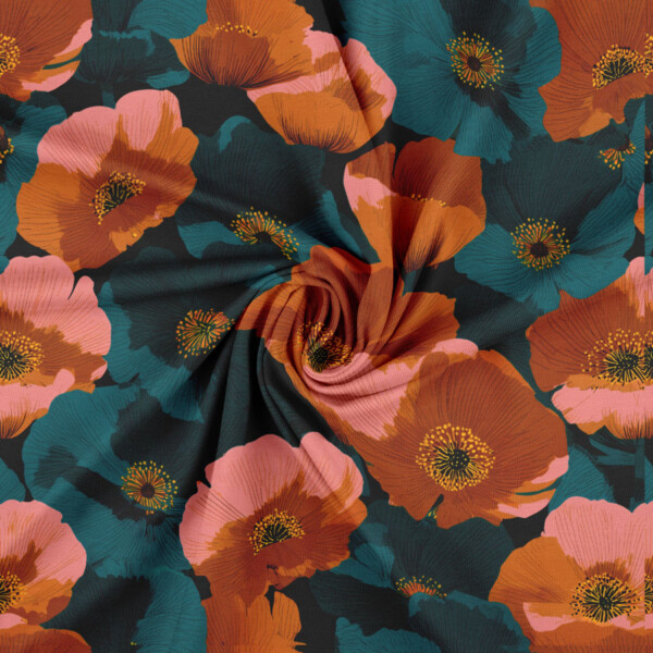 Digital print cotton jersey fabric with orange poppies