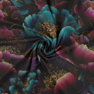 Digital print cotton jersey fabric with petrol and lilac peonies