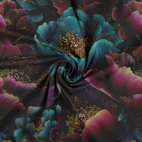 Digital print cotton jersey fabric with petrol and lilac peonies