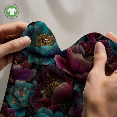 Digital print cotton jersey fabric with petrol and lilac peonies