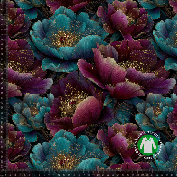 Digital print cotton jersey fabric with petrol and lilac peonies