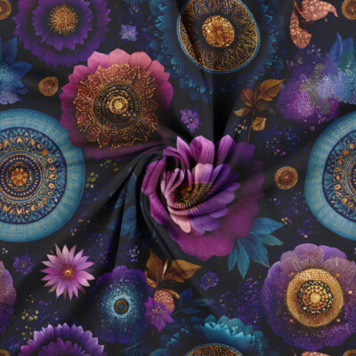 Lilac floral and mandala print on cotton jersey fabric