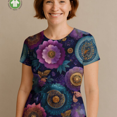 Printed cotton jersey fabric with lilac flowers and mandala pattern