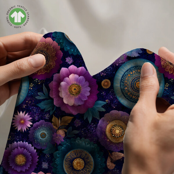 Detail of mandala motif on lilac printed digital print jersey fabric