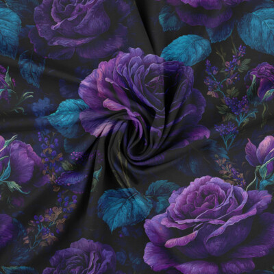 Lilac rose print on petrol cotton jersey fabric