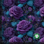 Digital print cotton jersey with lilac roses on petrol