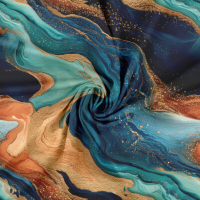 Digital print jersey fabric with marble in petrol and gold