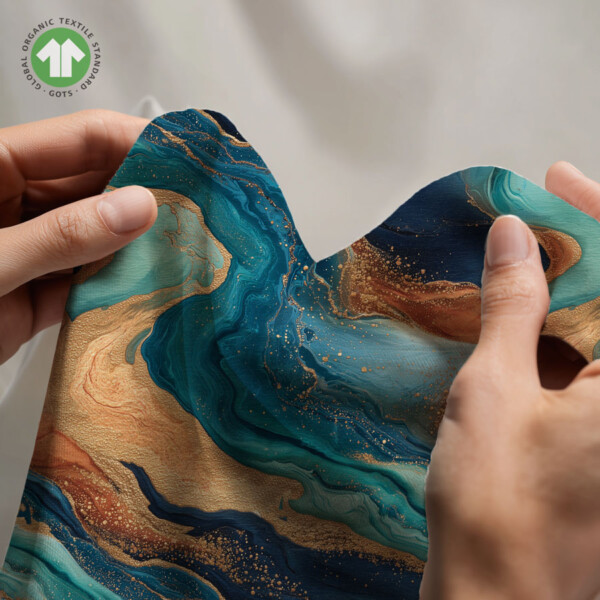 Digital print jersey fabric with marble in petrol and gold