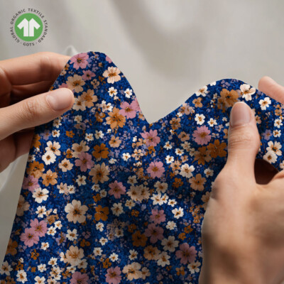 Jersey print med små markblomster på blå - Billede 4