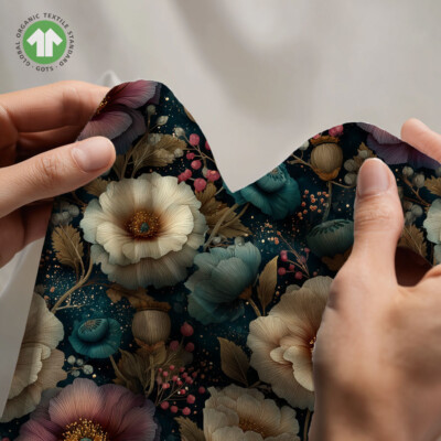 Detail of large peonies on digital print jersey fabric