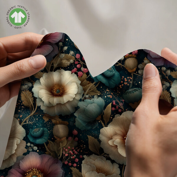 Detail of large peonies on digital print jersey fabric