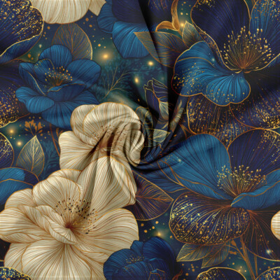 White flower print on petrol cotton jersey fabric