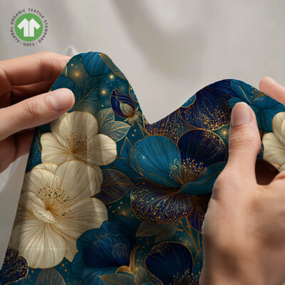 Detail of white flowers on petrol digital print jersey fabric