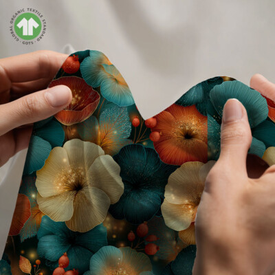 Jersey print med petrol og orange blomster - Billede 4