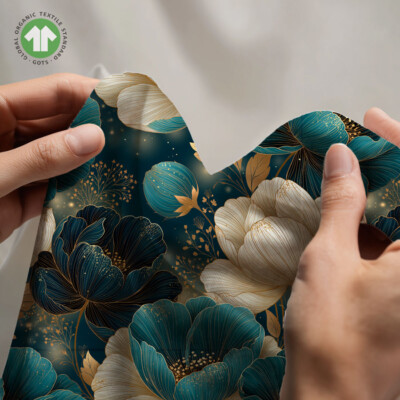 Jersey print med creme og petrol blomster - Billede 4