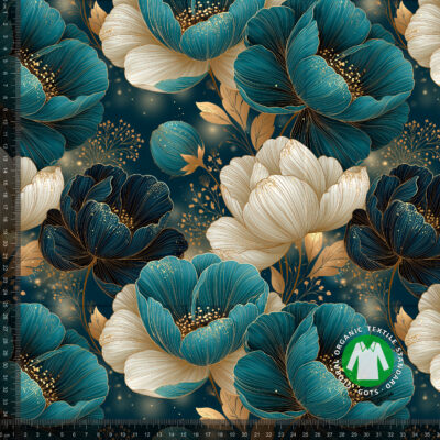 Jersey print med creme og petrol blomster
