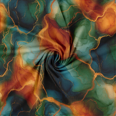 Printed cotton jersey with petrol and orange marble pattern