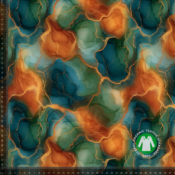 AU67_3_measurement Digital print jersey fabric with marble in petrol and orange