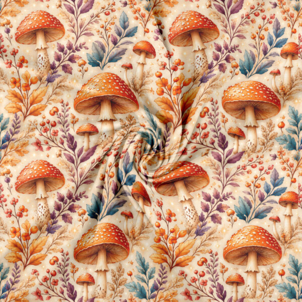 Digital print jersey fabric with mushroom and flower pattern